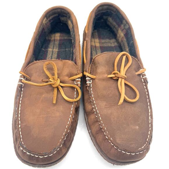 LL Bean Mens Flannel-Lined Moccasin Slippers Size 10M Brown Leather House Shoes - Picture 4 of 9